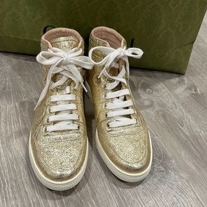 Gucci Gold Galassia Sneaker Size 38 1/2 US Women's 8.5 High Top Metallic Leather